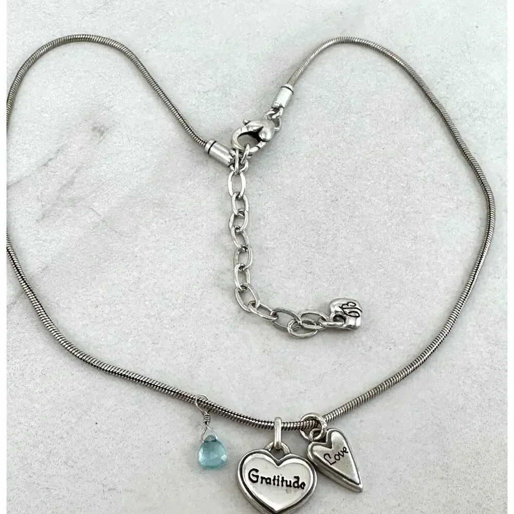 Brighton Gratitude Love 2 Hearts blue gem reversible necklace
